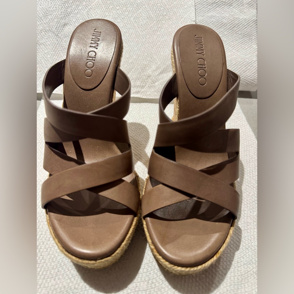 Jimmy Choo Prisma Brown Cork Espadrille Wedge Sandals Size 38 w/ Box + Dust Bag